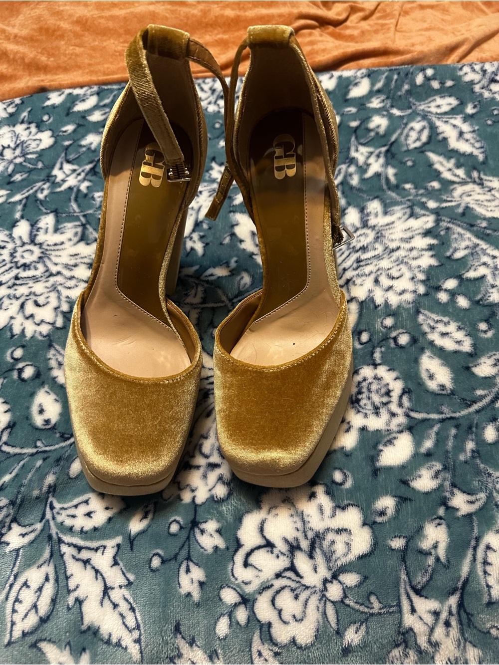 Gianni Bini Gold Velvet Platform Ankle-Strap Heels